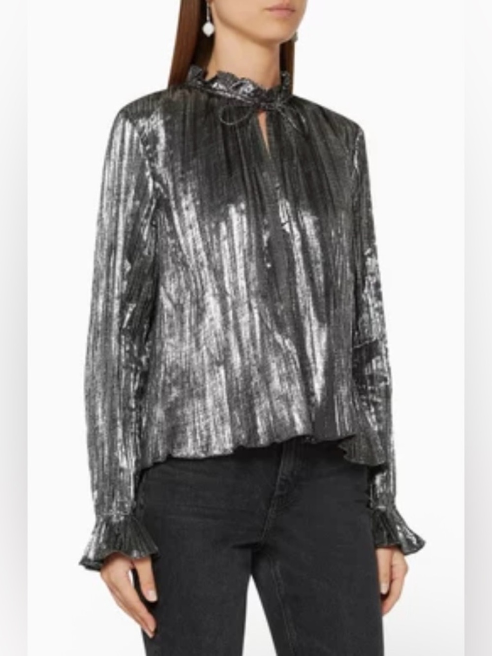 Jonathan Simkhai XS Metallic Ruffle Blouse Silver Black Plissé Tie Top